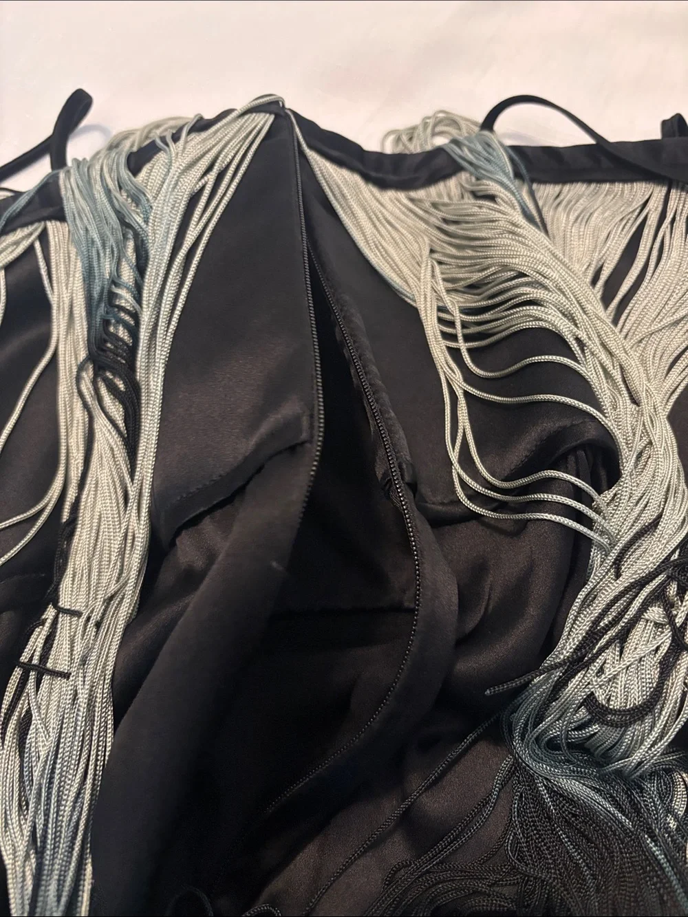 VTG Foley + Corinna Sea moss Ombré Black Spaghetti Strap Fringe Top SZ SM Silk